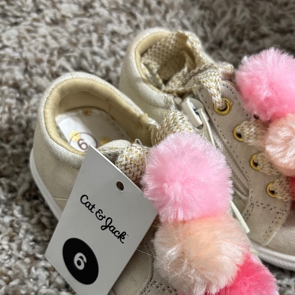 Cat & Jack Cream Sneakers with Pink Pom Poms - Picture 2 of 3